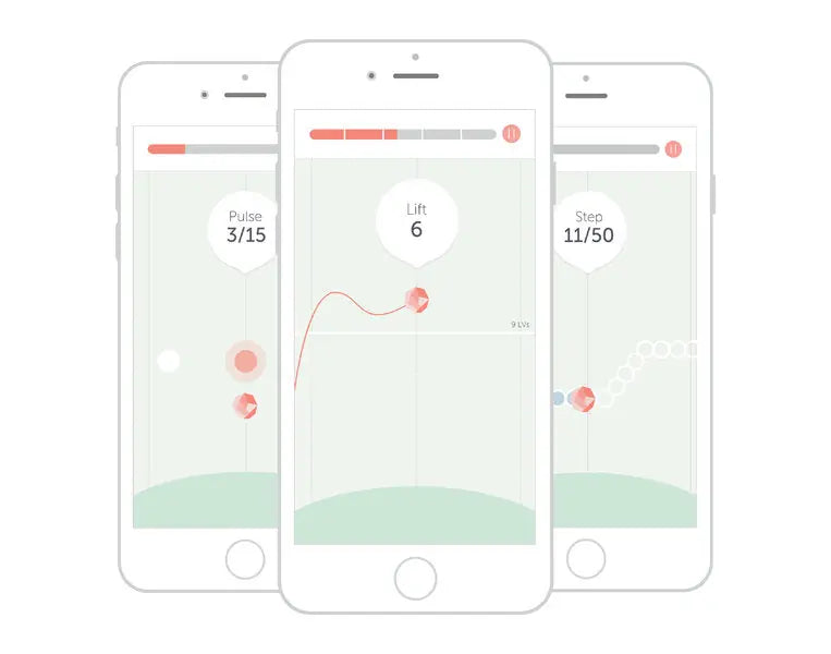 Three smartphones display a minimalist fitness app, tracking "Pulse," "Lift," and "Step" with progress bars and charts—perfect for monitoring pelvic floor workouts with the Elvie Pelvic Floor Trainer by Elvie.