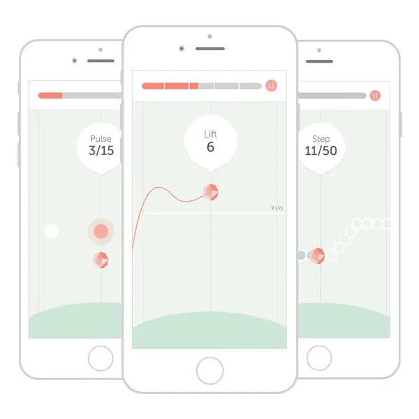 Three smartphones display a minimalist fitness app, tracking "Pulse," "Lift," and "Step" with progress bars and charts—perfect for monitoring pelvic floor workouts with the Elvie Pelvic Floor Trainer by Elvie.