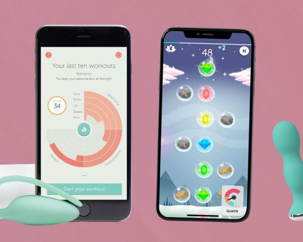 Two smartphones display different apps; one shows a fitness tracking chart and the other a game with floating icons. In front are a teal pelvic floor exercise device and another teal health device, both on a pink background.