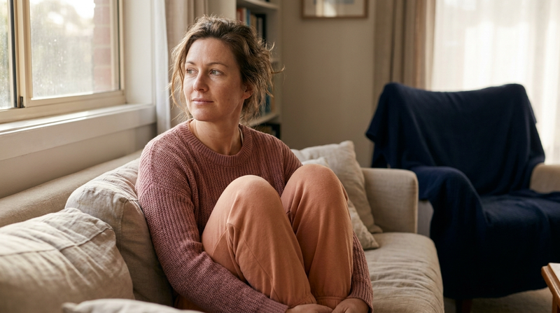 Woman resting on her sofa at home with her knees drawn up, thinking through when to see a pelvic physiotherapist about endometriosis pain