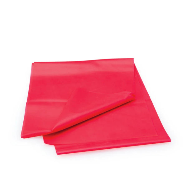 A flat, unfolded rectangular piece of the AllCare Exercise/Resistance Band - 1.5 Metre in red latex material, resembling a resistance band used for strength training and rehabilitation, is displayed against a plain white background. The material has a smooth surface and some slight creases where it is folded, showcasing its flexibility and durability.