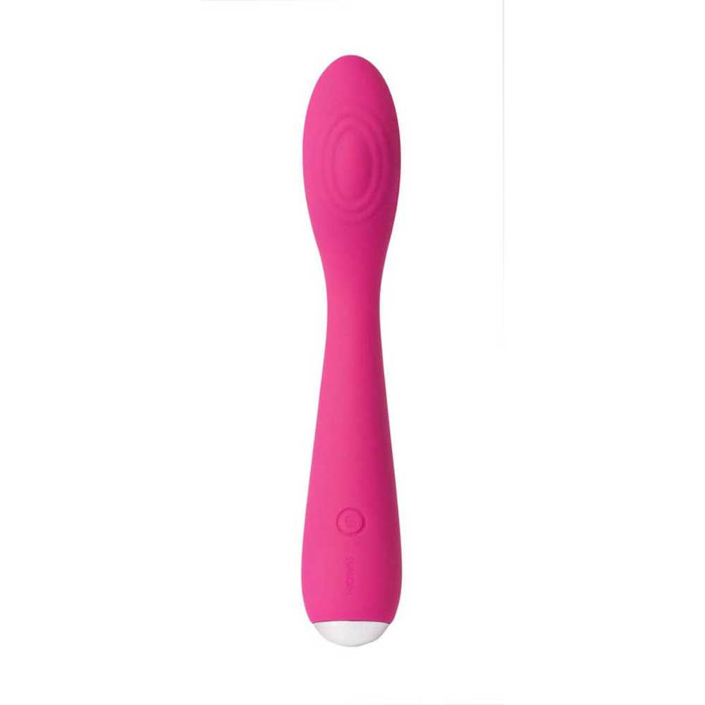 The Svakom Iris Slim Semi-Flexible G-Spot Vibrator is a pink silicone vibrator with a rounded tip and single-button handle, designed for intimate use and to help soothe pelvic pain or endometriosis discomfort.