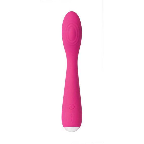The Svakom Iris Slim Semi-Flexible G-Spot Vibrator is a pink silicone vibrator with a rounded tip and single-button handle, designed for intimate use and to help soothe pelvic pain or endometriosis discomfort.