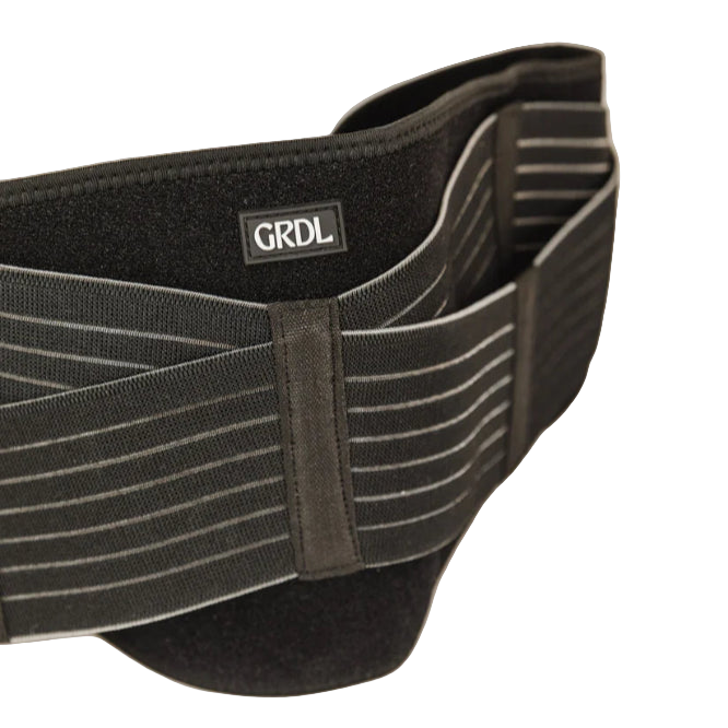 The GRDL Pregnancy Belt offers trusted pelvic and back support for pregnancy with elastic adjustable straps, secure Velcro fastening, and a black/gray design to help relieve lower back pain.