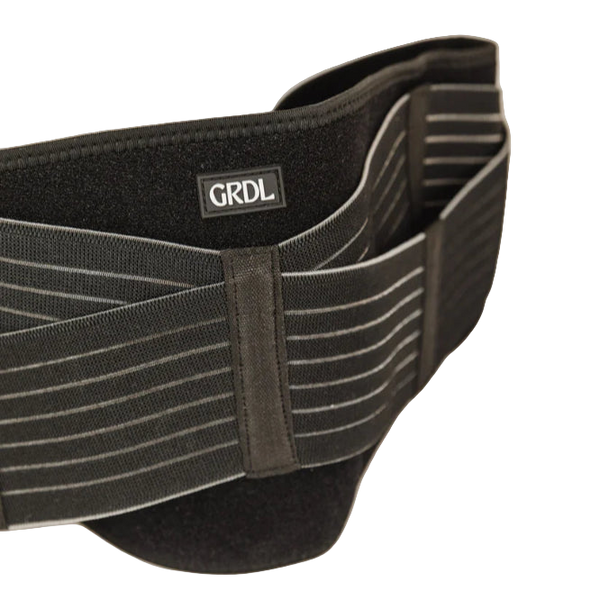 The GRDL Pregnancy Belt offers trusted pelvic and back support for pregnancy with elastic adjustable straps, secure Velcro fastening, and a black/gray design to help relieve lower back pain.