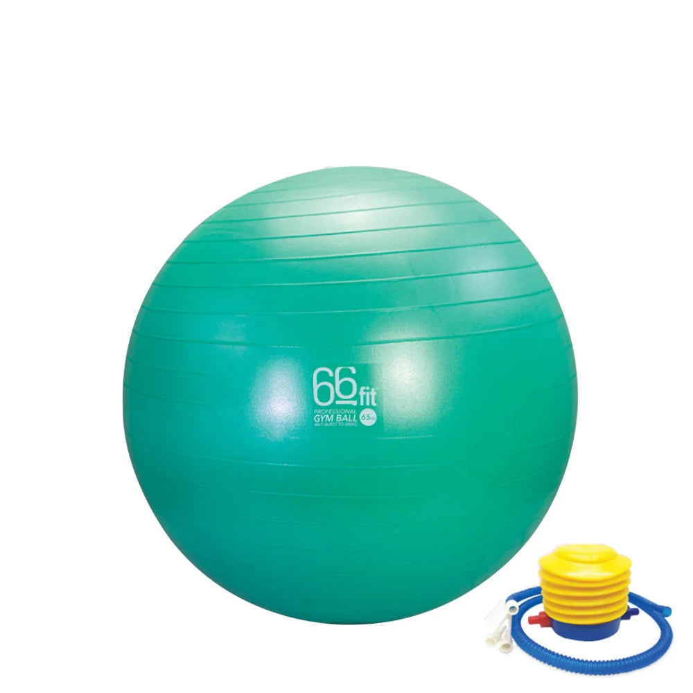 A green exercise ball with a small pump attached to it, ready to be inflated.