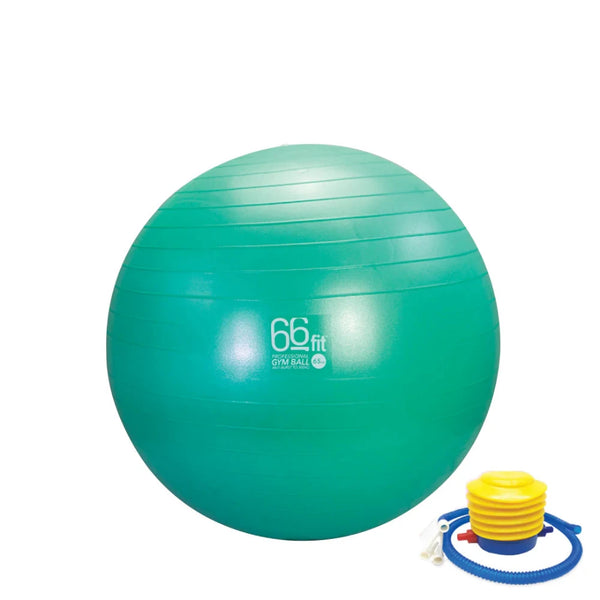 A green exercise ball with a small pump attached to it, ready to be inflated.