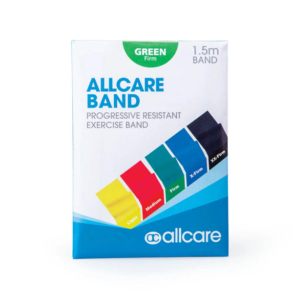 A package of AllCare Exercise/Resistance Band by AllCare, a progressive resistance exercise band ideal for strength training and rehabilitation. The packaging shows a green resistance band labeled "Firm" and mentions it is 1.5 meters long. Color-coded options from light (yellow) to xx-firm (black) are displayed.