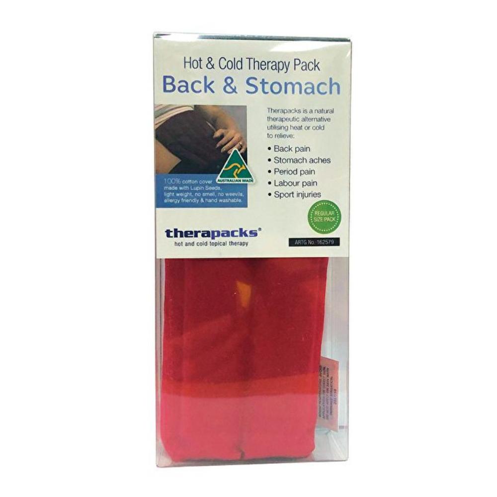 A product image of the Therapacks Hot Pack - Back & Stomach by Therapack. The red heat pack is placed inside a transparent box, and the packaging highlights its use for pain relief from back pain, stomach aches, period pain, labor pain, and sports injuries.