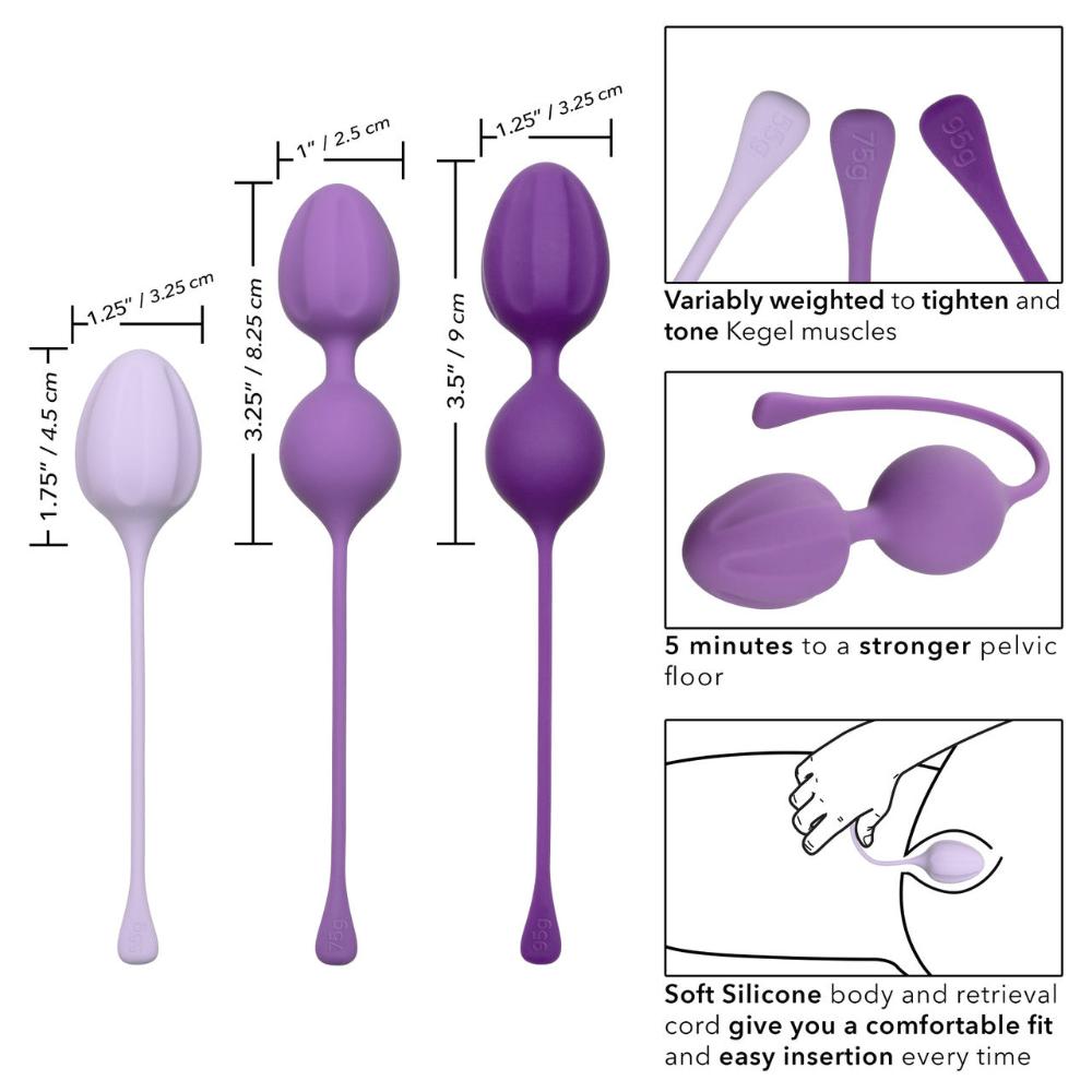 Image of the Calexotics Kegel Weights - 3-Piece Set in various shades of purple, designed from body-safe silicone to ensure comfort and ease of use. These tools feature indicated dimensions and weights, offering variable resistance to enhance Kegel training and effectively strengthen pelvic floor muscles.