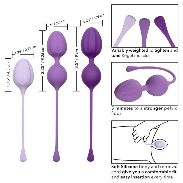 Image of the Calexotics Kegel Weights - 3-Piece Set in various shades of purple, designed from body-safe silicone to ensure comfort and ease of use. These tools feature indicated dimensions and weights, offering variable resistance to enhance Kegel training and effectively strengthen pelvic floor muscles.