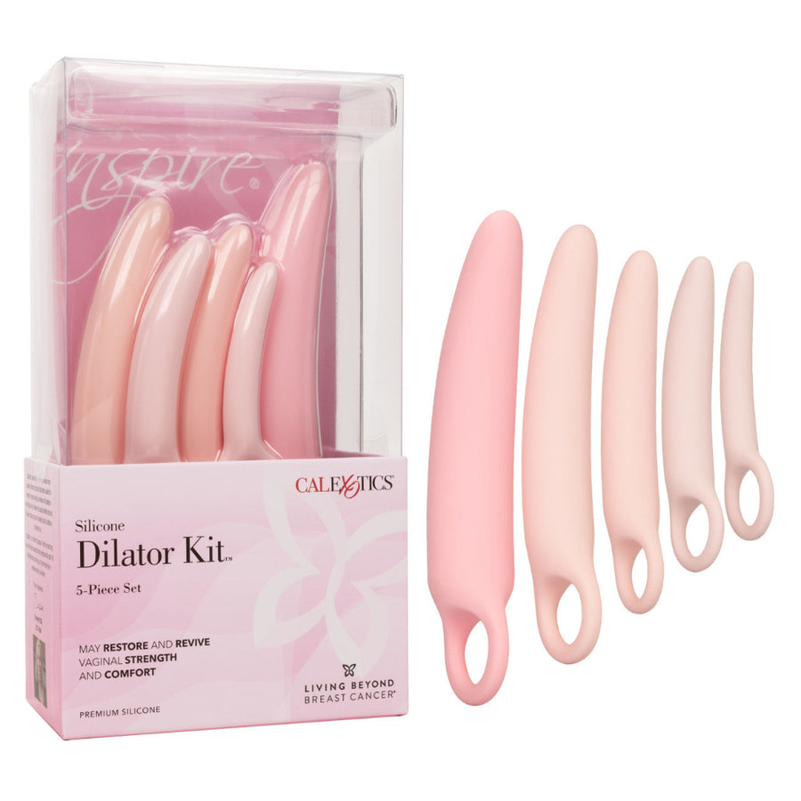 The Inspire Silicone Dilator Kit by CalExotics includes five pink dilators with loop handles, presented alongside a semi-transparent box that emphasizes benefits for vaginal wellness, strength, and comfort.