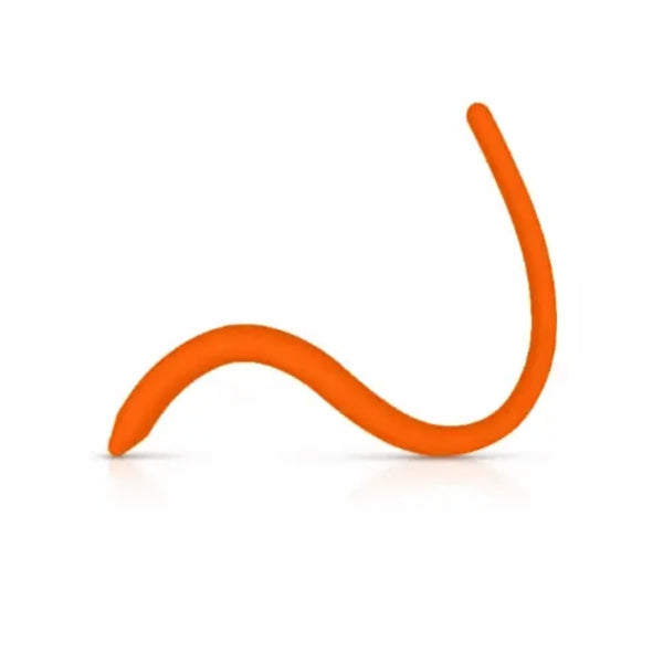 An orange, curvy line bends upwards against a white background, resembling a smooth, abstract squiggle that evokes the gentle flexibility of the Intimate Rose Bendable Pelvic Wand by Intimate Rose, crafted for pelvic floor therapy and pain relief.