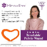 Advertisement for the Intimate Rose Bendable Pelvic Wand by Intimate Rose. Features a smiling woman, a testimonial on the wand's innovative design and benefits for relieving pelvic pain, alongside an image of the heart-shaped orange wand. Emphasizes its patented design and significance in pelvic floor therapy.