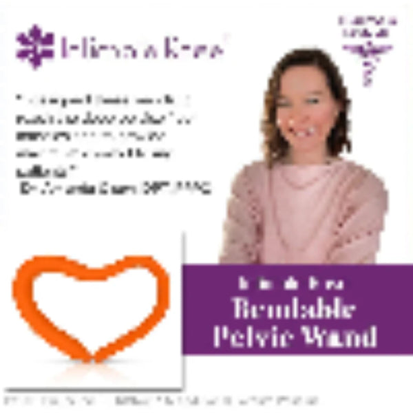 Advertisement for the Intimate Rose Bendable Pelvic Wand by Intimate Rose. Features a smiling woman, a testimonial on the wand's innovative design and benefits for relieving pelvic pain, alongside an image of the heart-shaped orange wand. Emphasizes its patented design and significance in pelvic floor therapy.