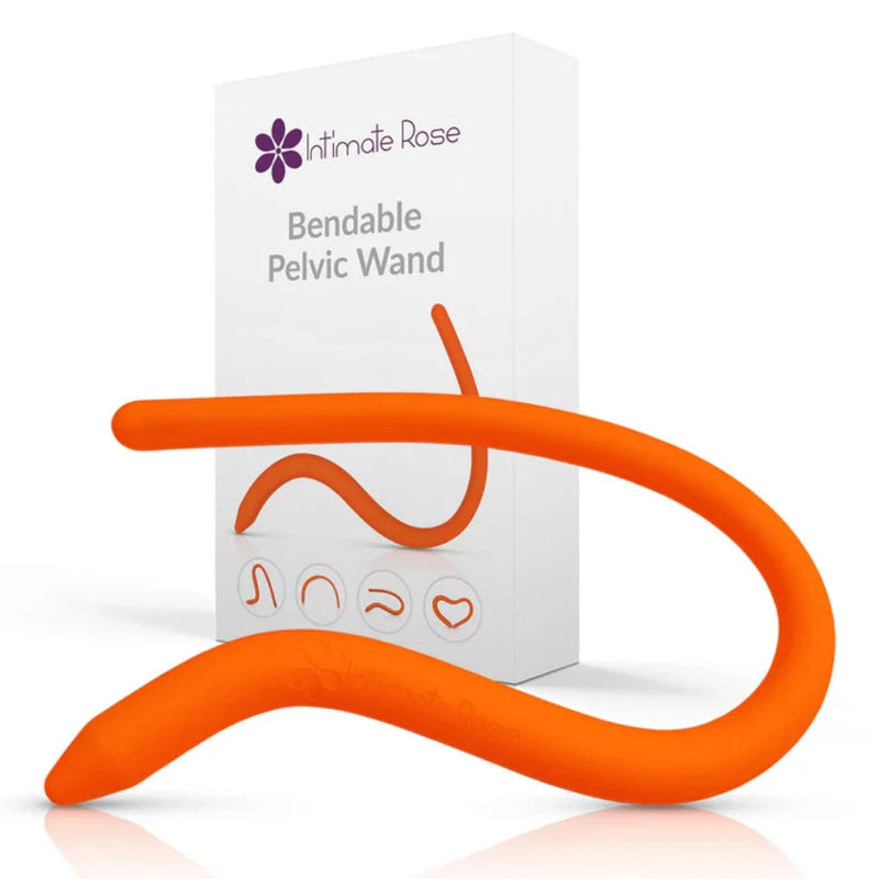An orange, flexible Intimate Rose Bendable Wand — Flexible Internal Pelvic Tool is bent in front of a white Intimate Rose box, which displays illustrations of the tool in different shapes.