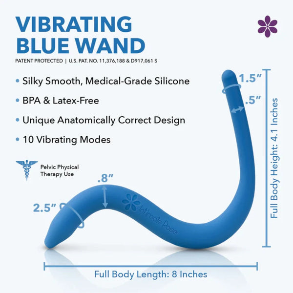 Introducing the Intimate Rose Vibrating Pelvic Wand in blue, crafted from silky, medical-grade silicone. This patent-protected curved wand provides pelvic pain relief with 10 vibrant modes. It's BPA & latex-free, making it perfect for pelvic physical therapy sessions.