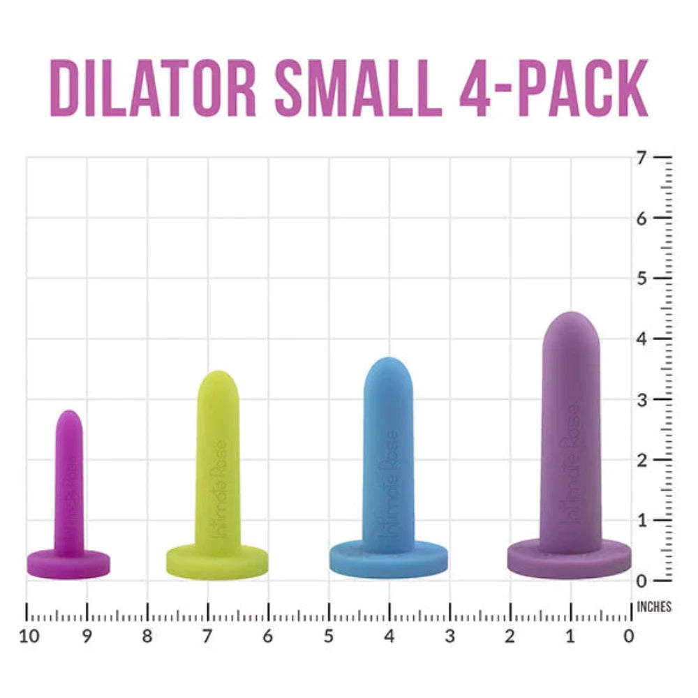 Image of the Intimate Rose - Silicone Vaginal Dilators - Small Set, featuring a 4-pack arrangement against a grid background. These medical-grade silicone dilators come in purple, green, blue, and purple colors and are arranged from smallest to largest size. Measurement markings from 0 to 9 inches are visible on the right side to support pelvic health routines.