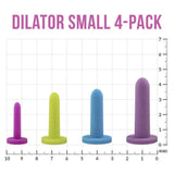 Image of the Intimate Rose - Silicone Vaginal Dilators - Small Set, featuring a 4-pack arrangement against a grid background. These medical-grade silicone dilators come in purple, green, blue, and purple colors and are arranged from smallest to largest size. Measurement markings from 0 to 9 inches are visible on the right side to support pelvic health routines.