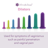 The Intimate Rose - Silicone Vaginal Dilators - Full Set features seven vibrant dilators made from medical-grade silicone, ordered from smallest to largest. The accompanying text states, 