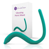 A teal pelvic floor wand with a curved design appears next to its packaging, labeled 