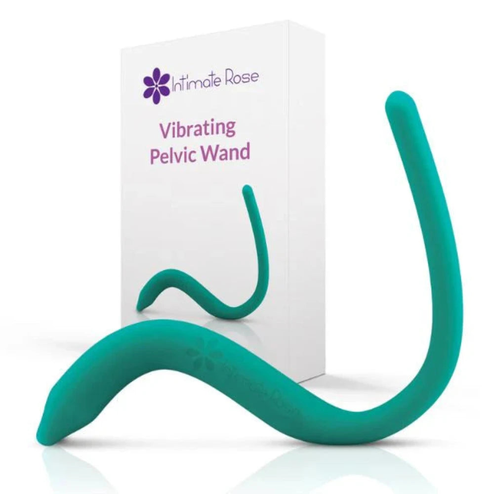 Intimate Rose vibrating pelvic wand in green — S-shaped silicone wand with charging cable, shown next to its Intimate Rose box.