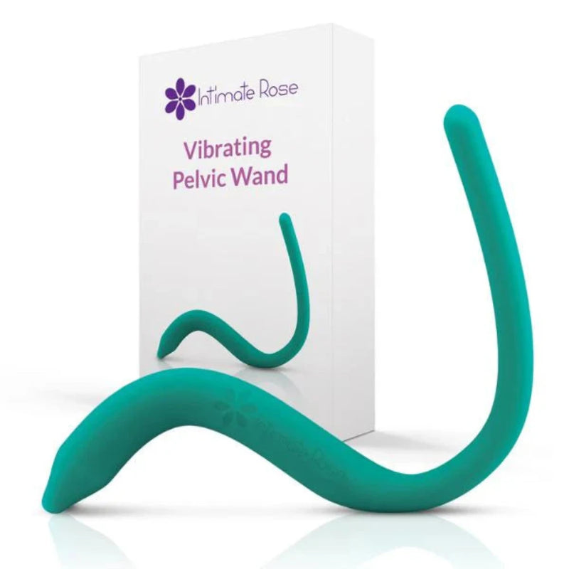 Intimate Rose vibrating pelvic wand in green — S-shaped silicone wand with charging cable, shown next to its Intimate Rose box.