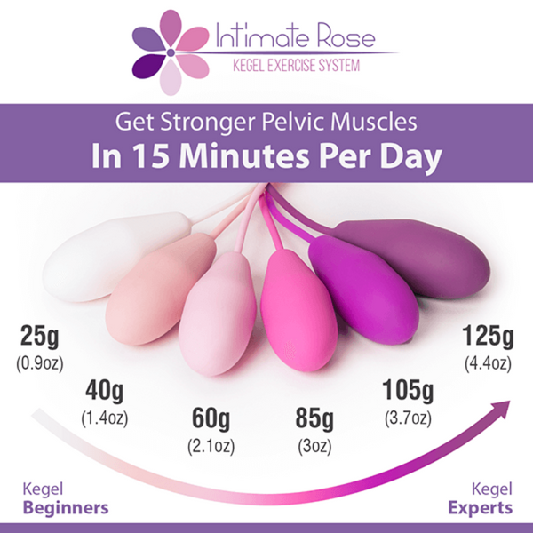 The image showcases the Intimate Rose - Kegel Exercise Weights by Intimate Rose, featuring a set of five weights varying from 25g to 125g. These weights are ideal for pelvic floor training and improving bladder control in just 15 minutes a day. They are displayed in a beautiful gradient from light pink to dark purple, combining both functionality and aesthetic elegance.