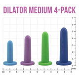A set of four medium silicone vaginal dilators from Intimate Rose comes in vibrant blue, purple, green, and dark blue colors. These dilators are designed with small sizes for gradual progression and are shown against a grid with measurements in inches.