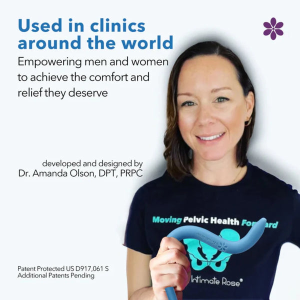 A person holds the Intimate Rose Vibrating Pelvic Wand (Blue) against a white background. The accompanying text reads: "Used in clinics around the world. Empowering men and women with pelvic pain relief they deserve." Developed by Dr. Amanda Olson, DPT, PRPC for Intimate Rose.