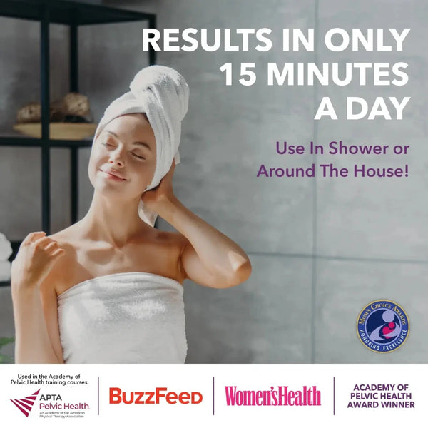 A relaxed woman in a towel enjoys a bathroom moment, highlighting the benefits of Pelvic Floor Training with Intimate Rose - Kegel Exercise Weights. The text states, "RESULTS IN ONLY 15 MINUTES A DAY. Use in shower or around the house!" Featuring endorsements from APTA, BuzzFeed, Women's Health, and accompanied by a Pelvic Health Award logo.