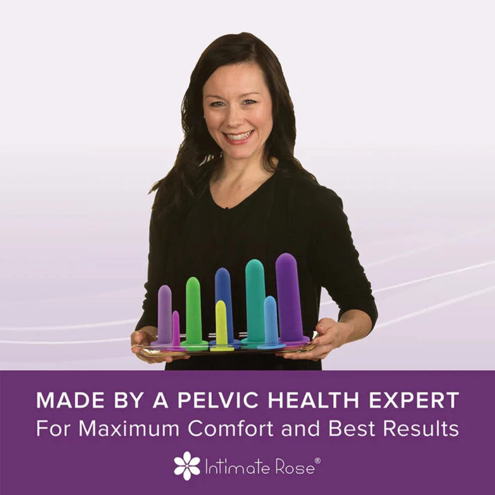 A smiling woman holds the Intimate Rose - Silicone Vaginal Dilators, a small set of colorful pelvic health devices crafted from medical-grade silicone in various sizes. The text reads, "Made by a pelvic health expert for maximum comfort and best results." At the bottom, the brand name "Intimate Rose" is displayed.