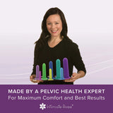 A smiling woman holds the Intimate Rose - Silicone Vaginal Dilators, a small set of colorful pelvic health devices crafted from medical-grade silicone in various sizes. The text reads, 