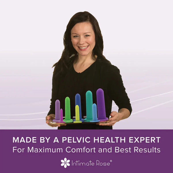 A smiling woman holds the Intimate Rose - Silicone Vaginal Dilators, a small set of colorful pelvic health devices crafted from medical-grade silicone in various sizes. The text reads, "Made by a pelvic health expert for maximum comfort and best results." At the bottom, the brand name "Intimate Rose" is displayed.