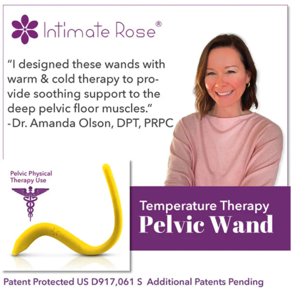 Promotional image for the Intimate Rose Temperature Therapy Pelvic Wand, crafted from medical-grade silicone. It features a quote from Dr. Amanda Olson on the pelvic pain relief and soothing therapy it provides for pelvic floor muscles with temperature therapy. The image includes Dr. Olson and emphasizes the product's patent protection.