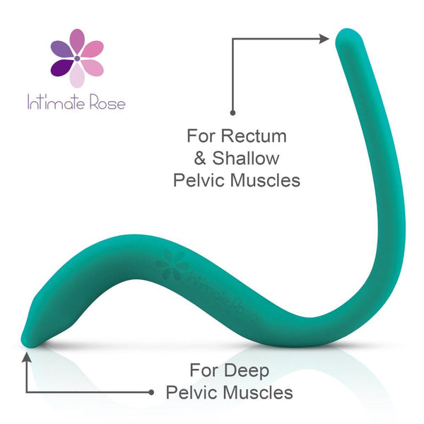 The Intimate Rose Pelvic Wand With Vibration, featuring a green design with dual curved ends, is specifically crafted for rectal and pelvic muscle application to provide effective relief from pelvic pain. The description highlights its suitability for both shallow and deep muscle use. In the top left corner, the "Intimate Rose" logo is displayed alongside a purple flower graphic that represents muscle relaxation.