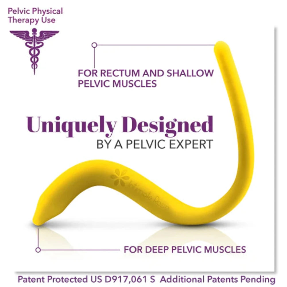 The Intimate Rose Temperature Therapy Pelvic Wand, crafted from medical-grade silicone in a yellow hue, is displayed on a white background. Its design emphasizes its function for the rectum and pelvic muscles, providing relief from pelvic pain. It includes phrases such as "Uniquely Designed by a Pelvic Expert" along with patent information.