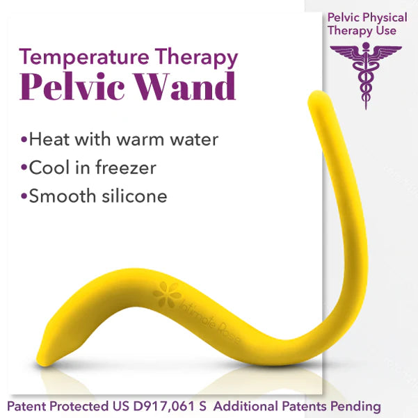 Image of the Intimate Rose Temperature Therapy Pelvic Wand, showcasing its yellow color and curved design against a white background. The text emphasizes its application in pelvic physical therapy and relief of pelvic pain. It features temperature therapy options such as heating with warm water or cooling in the freezer. Constructed from smooth, medical-grade silicone, this product has a patent pending.