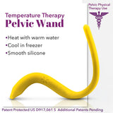 Image of the Intimate Rose Temperature Therapy Pelvic Wand, showcasing its yellow color and curved design against a white background. The text emphasizes its application in pelvic physical therapy and relief of pelvic pain. It features temperature therapy options such as heating with warm water or cooling in the freezer. Constructed from smooth, medical-grade silicone, this product has a patent pending.