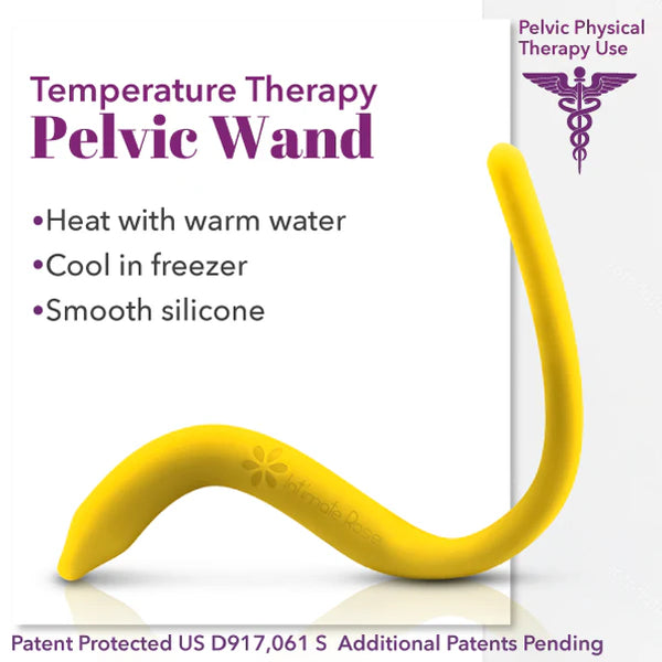 Image of the Intimate Rose Temperature Therapy Pelvic Wand, showcasing its yellow color and curved design against a white background. The text emphasizes its application in pelvic physical therapy and relief of pelvic pain. It features temperature therapy options such as heating with warm water or cooling in the freezer. Constructed from smooth, medical-grade silicone, this product has a patent pending.