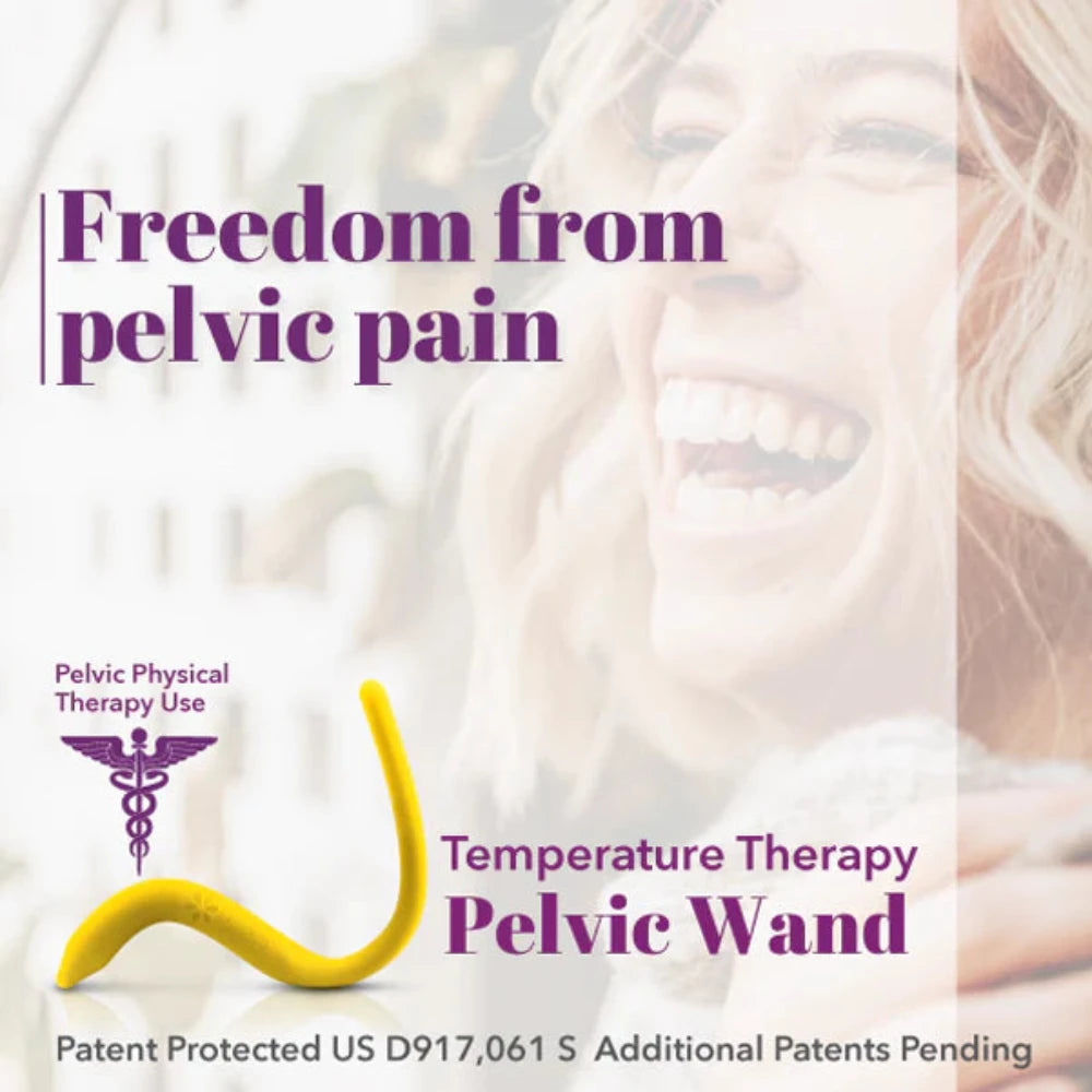 A promotional image features the Intimate Rose Temperature Therapy Pelvic Wand in yellow, crafted from medical-grade silicone, alongside the phrases "Freedom from Pelvic Pain" and "Temperature Therapy Peloric Wand." A partial view of a smiling person in the background highlights its application for pelvic physical therapy and effective relief from pelvic pain.