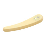 The Iroha Mikazuki by Iroha is a yellow, curved, rectangular vibrator for beginners made from body-safe silicone, with two small metallic buttons on one end, shown on a white background.