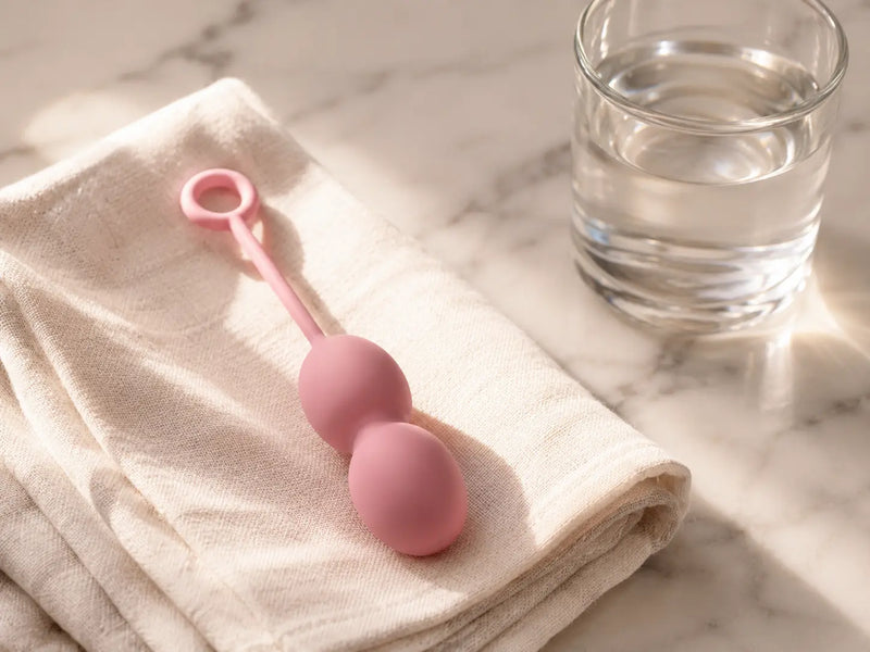 Single weighted kegel ball in blush silicone on a folded linen towel beside a glass of water — how kegel balls work for pelvic floor training