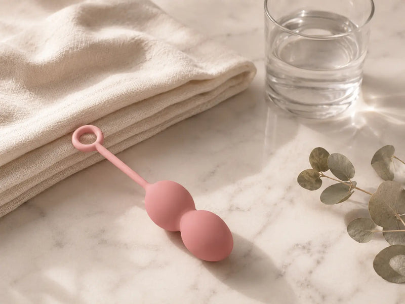 Single pink kegel ball on marble beside a folded towel and eucalyptus sprig — when kegel balls aren't the right pelvic floor training tool