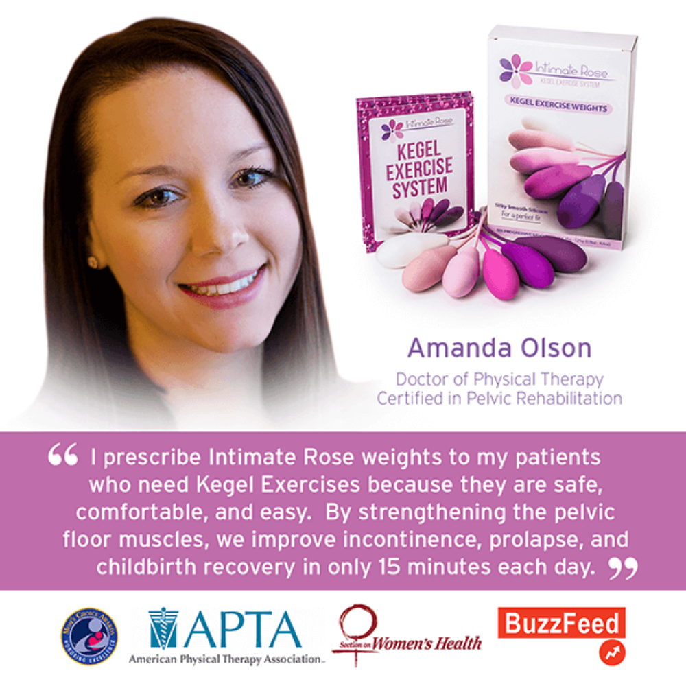 A smiling woman is featured next to Intimate Rose's Kegel Exercise Weights. The text emphasizes the advantages of using these weights for enhancing pelvic muscle strength, improving bladder control, and aiding recovery after childbirth. Logos from the American Physical Therapy Association and several media outlets are also visible.