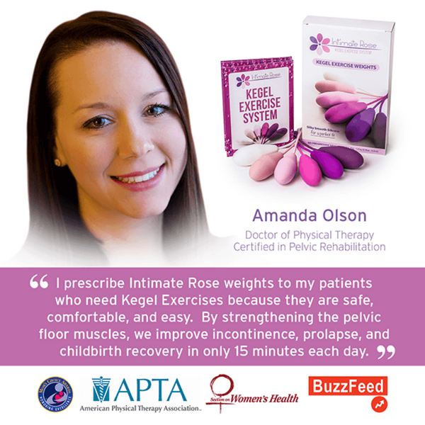 A smiling woman is featured next to Intimate Rose's Kegel Exercise Weights. The text emphasizes the advantages of using these weights for enhancing pelvic muscle strength, improving bladder control, and aiding recovery after childbirth. Logos from the American Physical Therapy Association and several media outlets are also visible.