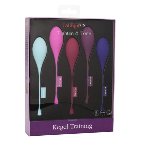 The "Kegel Weights - 5-Piece Set" by Calexotics features a vibrant selection of training weights specifically engineered for strengthening the pelvic floor. This stylish assortment of five different weights is designed to improve muscle tone and increase sexual pleasure.
