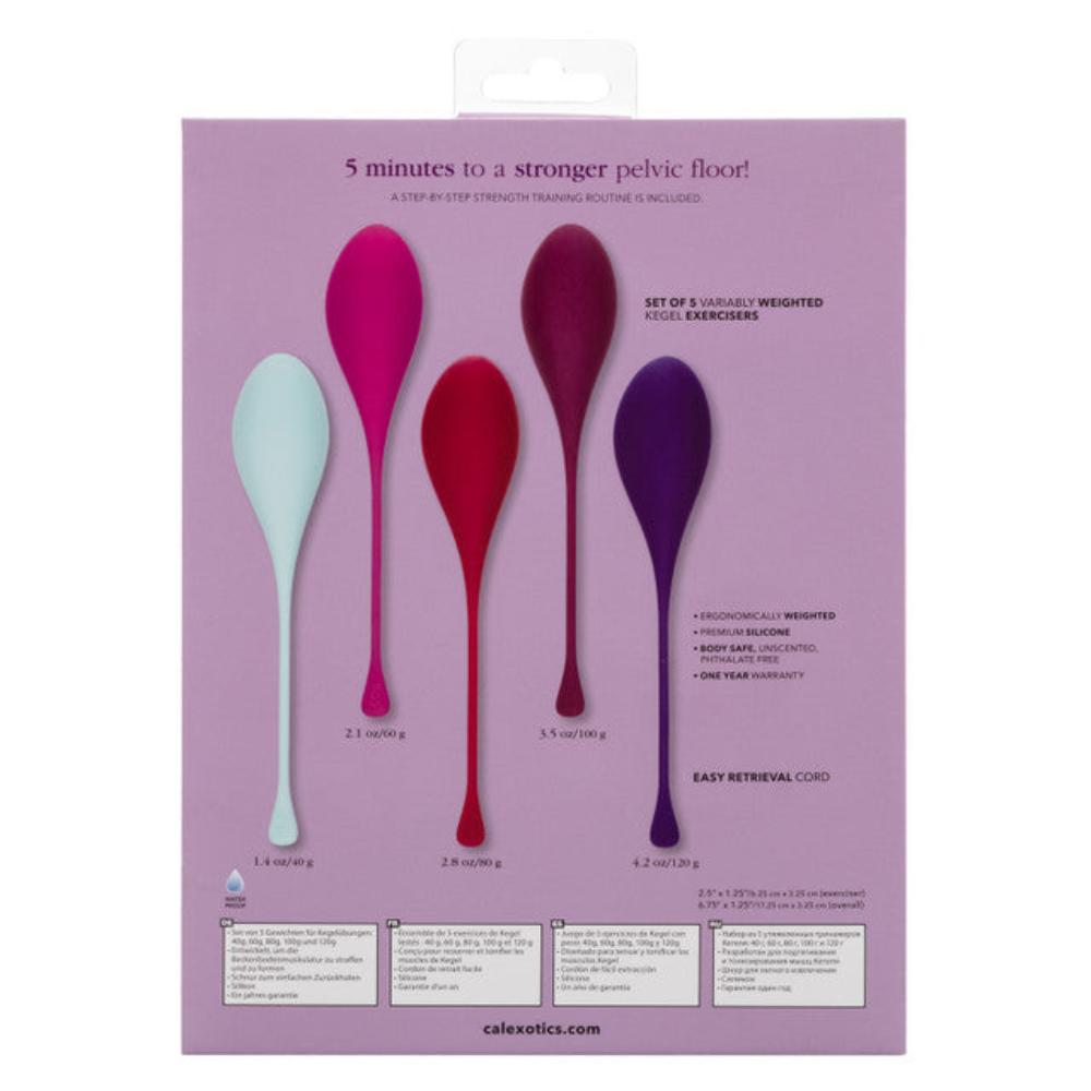 The packaging showcases the Calexotics Kegel Weights - 5-Piece Set, featuring weighted exercisers in vibrant colors and sizes, each with an easy retrieval cord. The text emphasizes improved pelvic floor strengthening with a straightforward 5-minute Kegel workout, supporting overall wellness and vitality.