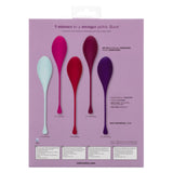 The packaging showcases the Calexotics Kegel Weights - 5-Piece Set, featuring weighted exercisers in vibrant colors and sizes, each with an easy retrieval cord. The text emphasizes improved pelvic floor strengthening with a straightforward 5-minute Kegel workout, supporting overall wellness and vitality.