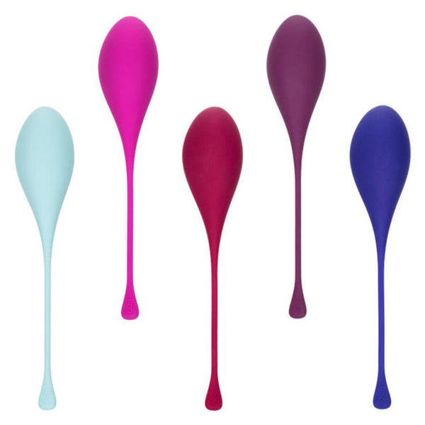 Calexotics' Kegel Weights - 5-Piece Set is beautifully displayed against a white background, featuring five silicone exercise weights in vibrant shades of blue, pink, red, and purple. Each weight is designed with elongated tails to enhance pelvic floor strengthening.